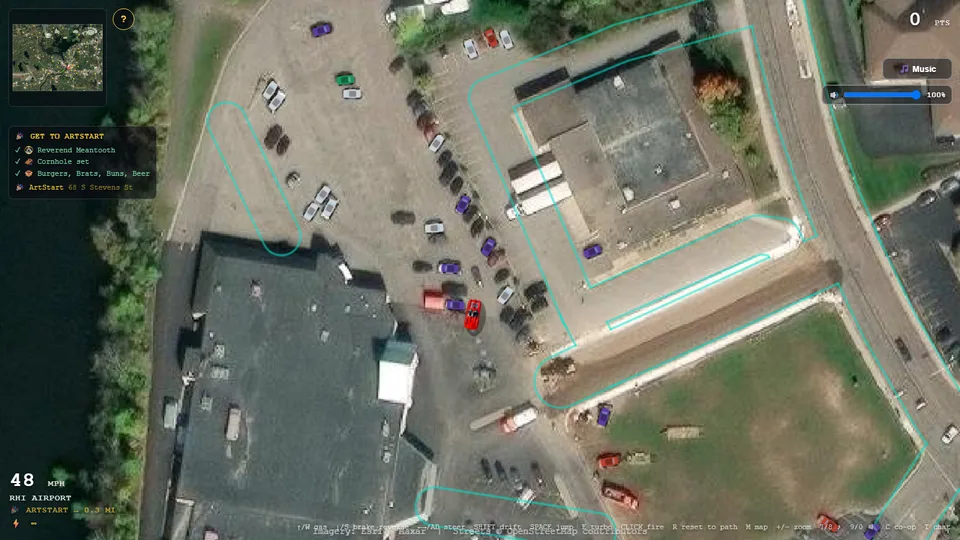 CC & CC Supply Run & Rampage gameplay — a car on a satellite map of downtown Rhinelander.